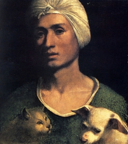 Ritratto di uomo con un gatto e un cane