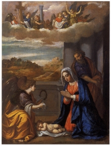 Adoration of the Christ Child and angels with the instruments of Passion