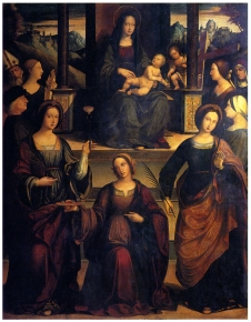 Madonna and Child enthroned with the saints Maurelius, Catherine of Alexandria, Agatha, Lucy, Apollonia, Helena, Elizabeth, Infant John the Baptist and two donors