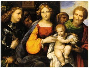 Holy Family with saint Michael the Archangel and two saints
