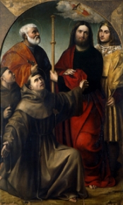 Saint Francis receiving the stigmata with  saints Peter, James the Greater and Louis the King of France